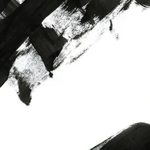 Close-up of black brushstroke texture on white canvas, showcasing Javier Ramirez's abstract expressionism art.