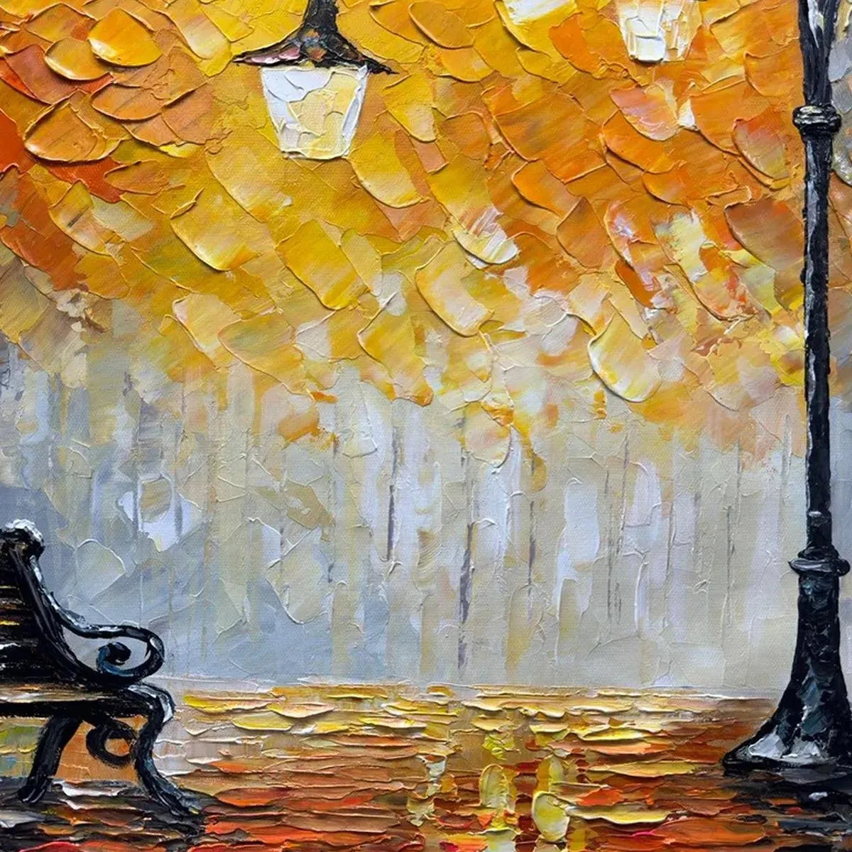 Impressionistic textured oil painting: autumn park bench, vivid orange foliage, grey background, street lamp, wet ground.