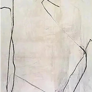 Minimalist abstract diptych, beige canvas with organic black lines. Javier Ramirez painting detail.