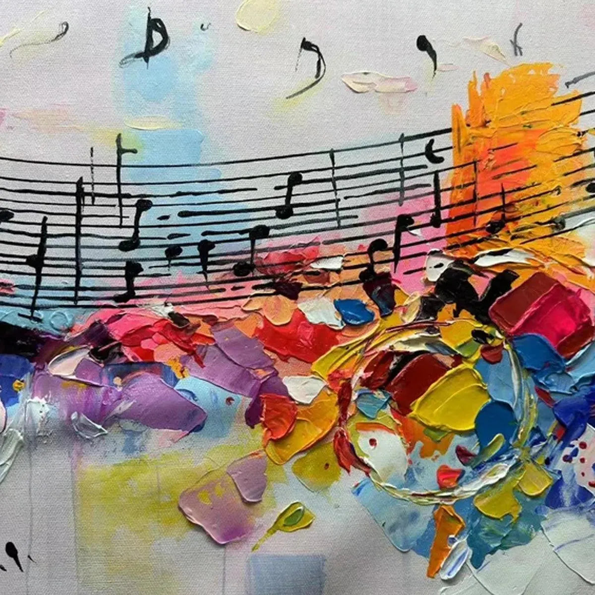 Abstract musical painting with staff lines and notes over vibrant impasto brushstrokes in blue, red, yellow, purple.