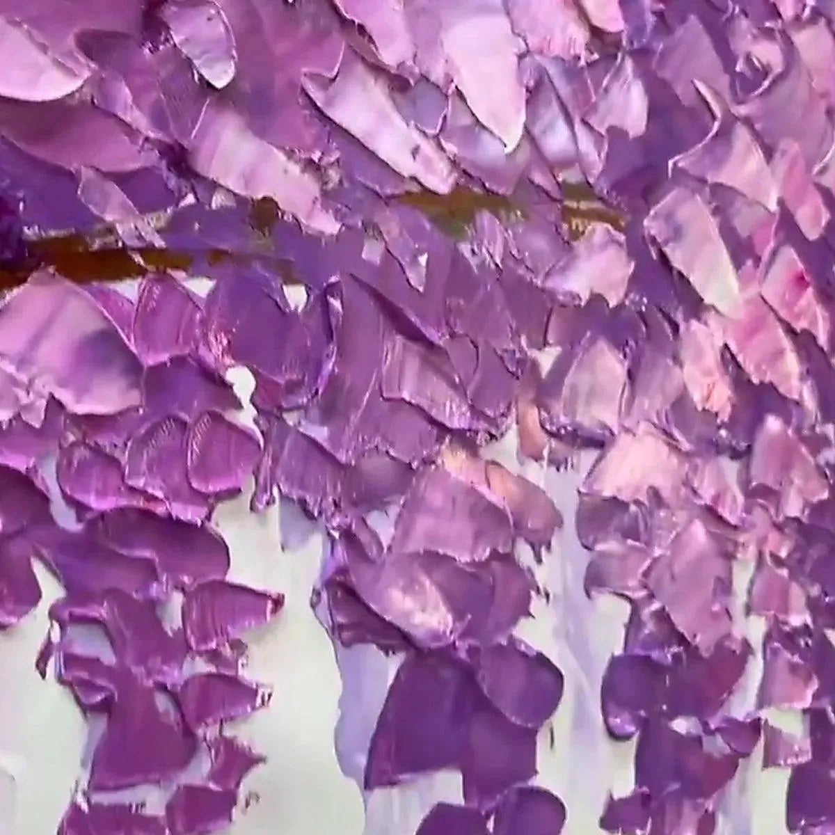 Close-up detail of Purple Wisteria by Elodie Dubois, showcasing vibrant impasto texture in rich purple hues.
