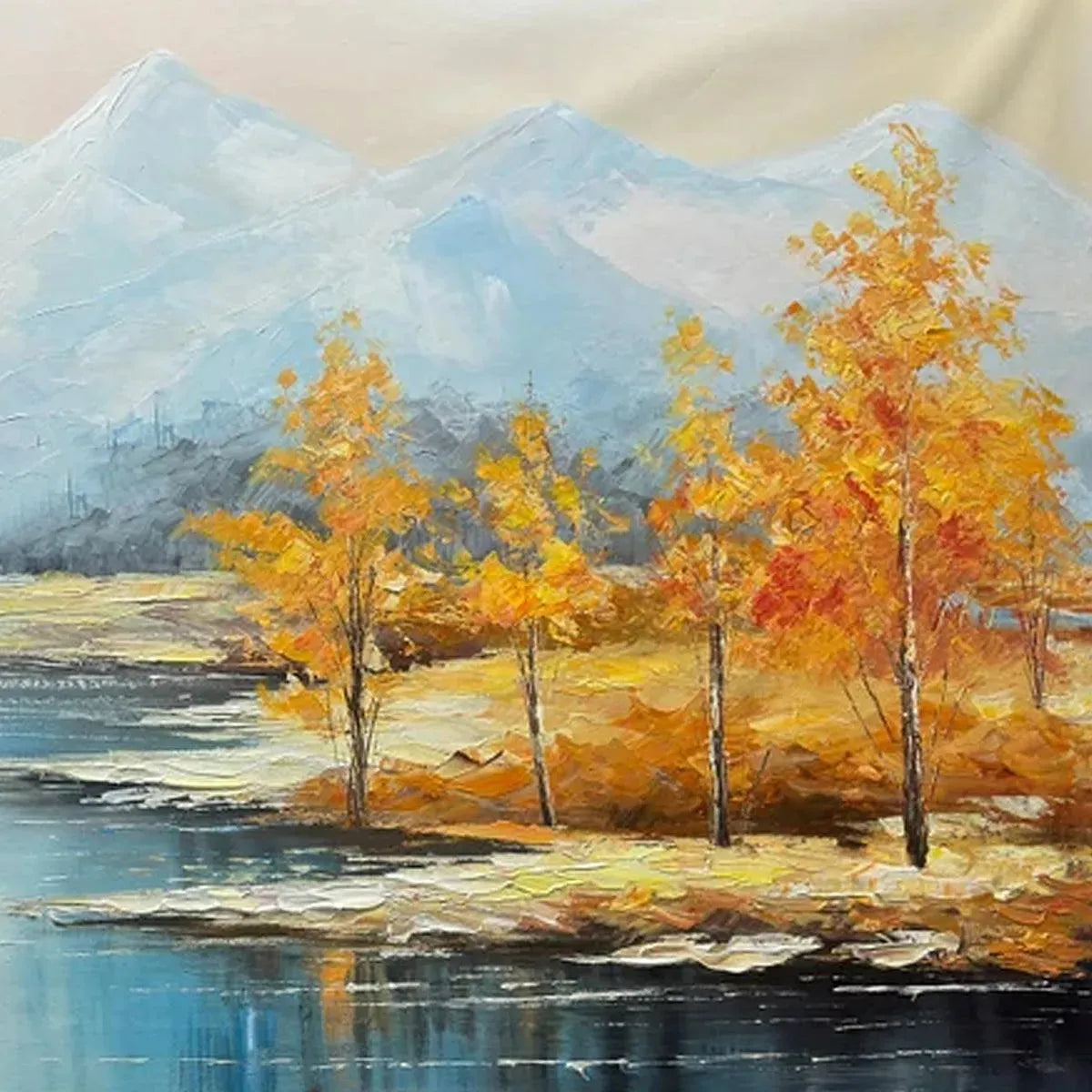 Golden Autumn Valley traditional landscape painting featuring vibrant yellow-orange trees, blue river, and misty mountains.