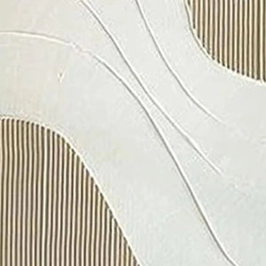 Close up of textured white lines art, showing raised white lines on beige background with thin vertical brown lines.