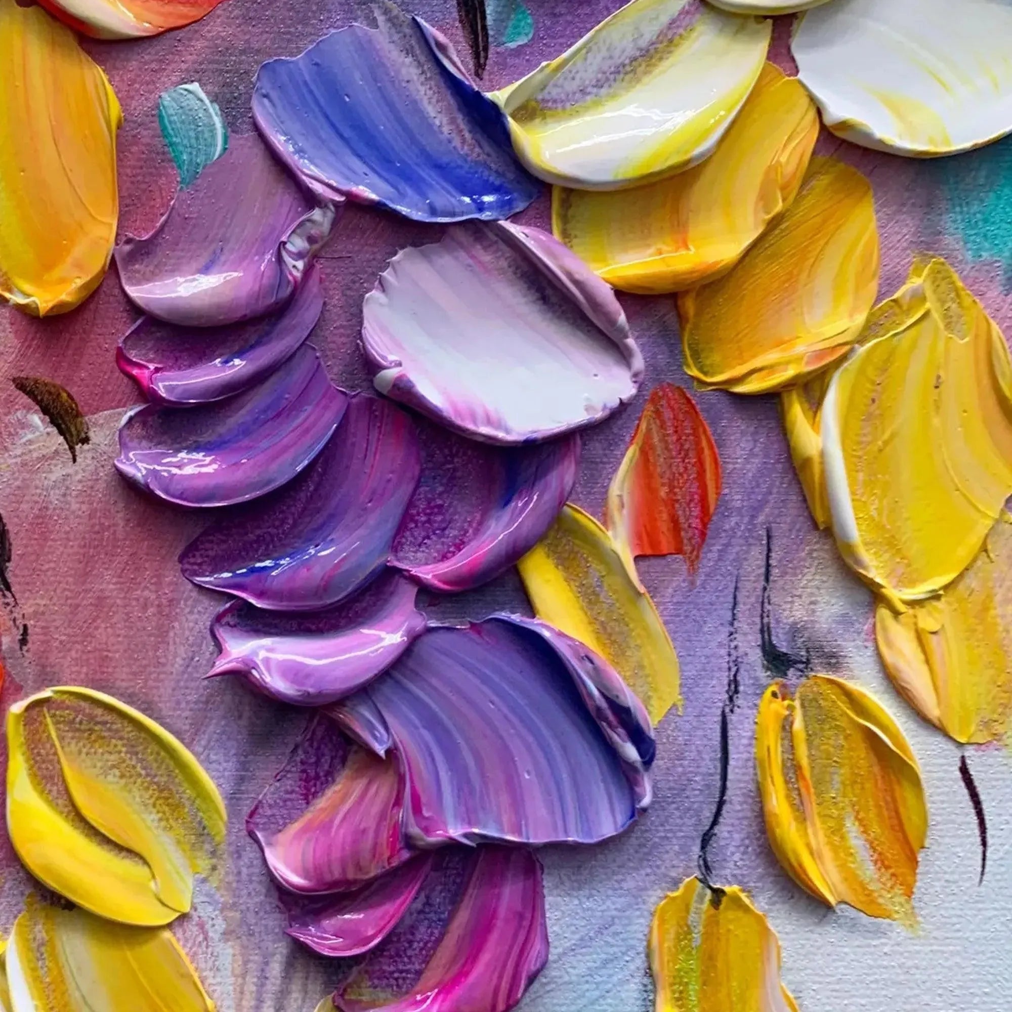 Close-up of CASCADING COLOR impasto, highlighting thick, glossy purple, yellow, pink floral textures.