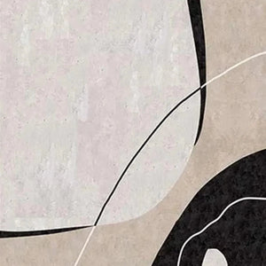 Javier Ramirez diptych art: textured beige, abstract black & beige organic shapes, thin white lines.
