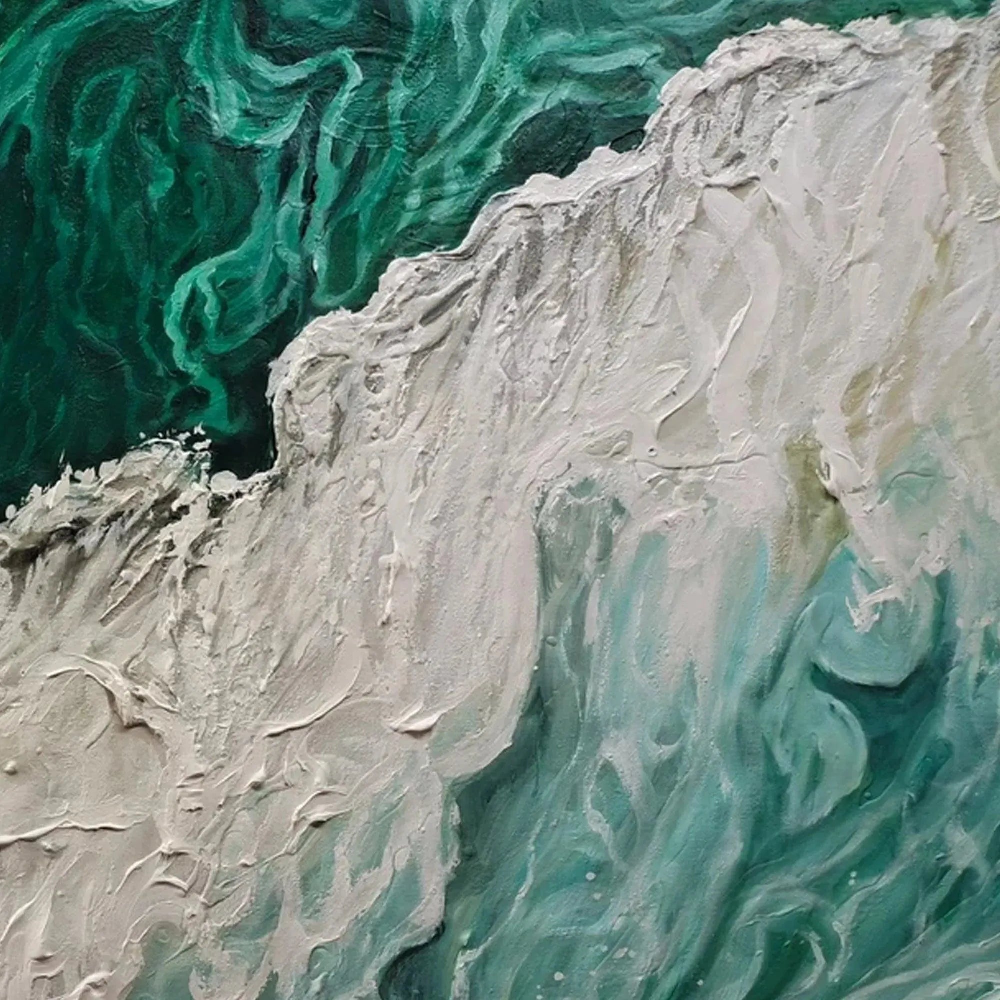 Dynamic Emerald Flow abstract ocean painting with rich impasto texture, deep emerald green water, and thick white foam.