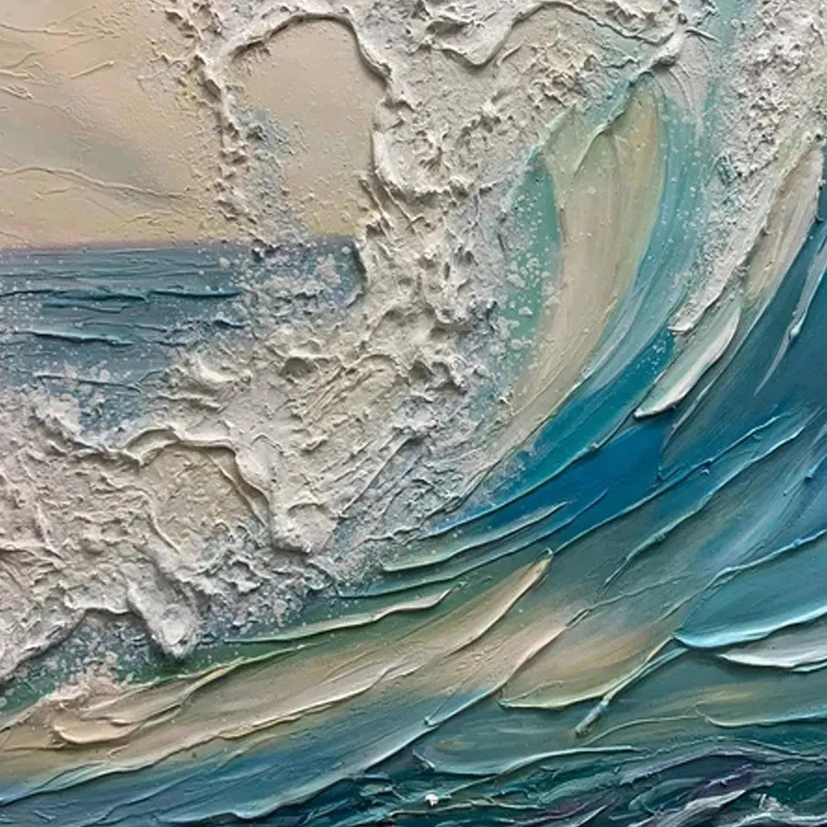 Textured impasto seascape painting detail: dynamic cresting wave with thick blue, white, and teal paint applications.