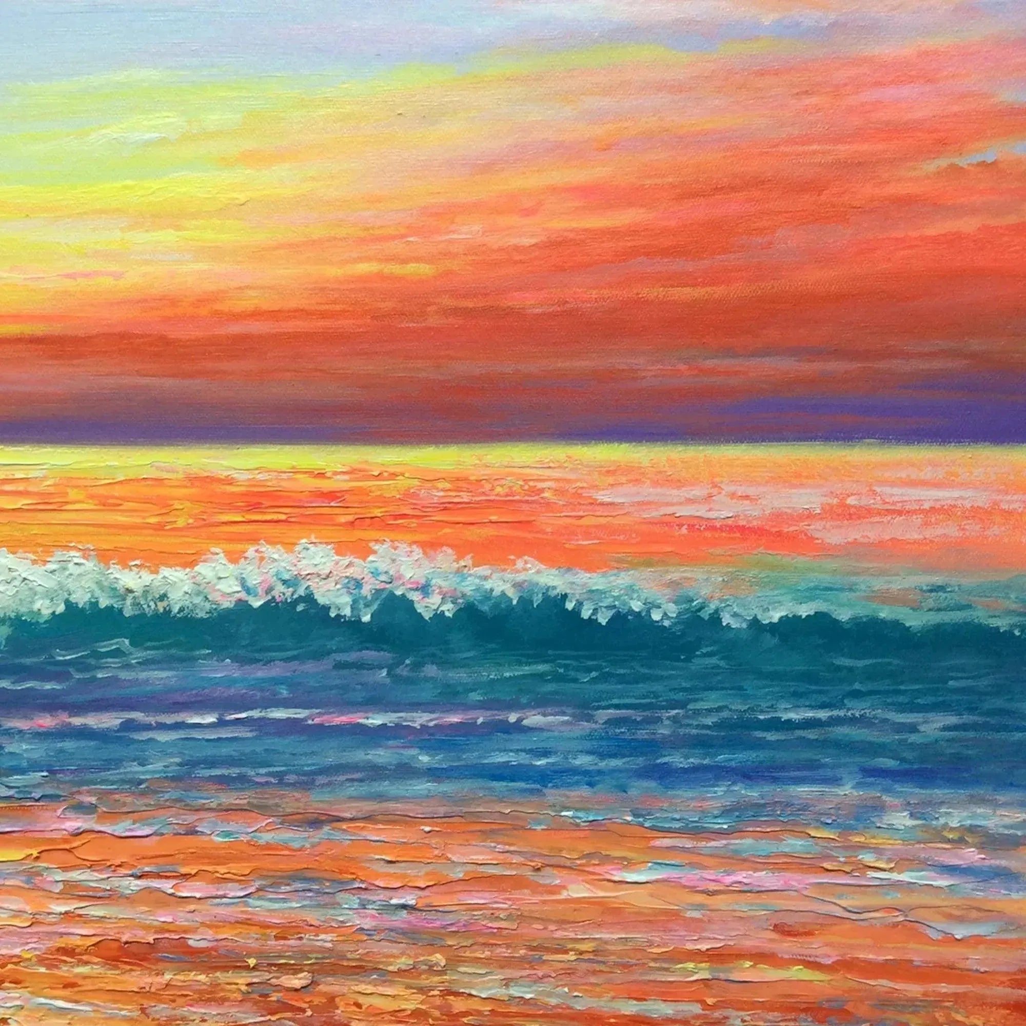 Original handmade oil painting: tropical sunset beach scene with vibrant orange sky and turquoise ocean waves.
