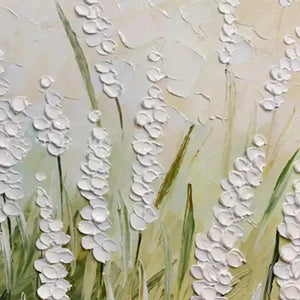 Close-up of Textured Meadow painting, highlighting impasto white flower spikes and green dimensional detail.