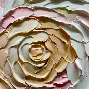 Textured impasto detail of Petal Whirl floral painting. Raised swirling petals in cream, pink, and beige neutral tones.