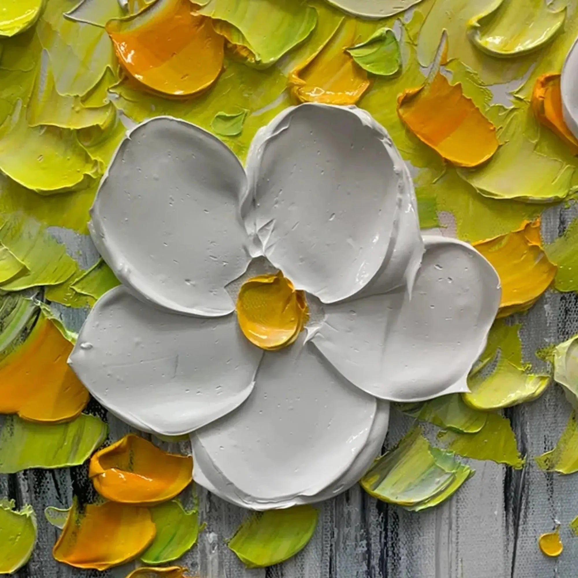 Detailed view of White Magnolias impasto painting, raised white petals, yellow heart, vibrant green & orange textures.