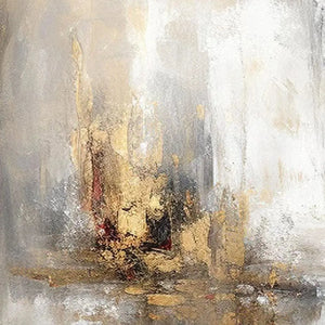 Golden Abstract by Willow Davies: Vertical textured painting with gold, grey and white tones for modern wall decor