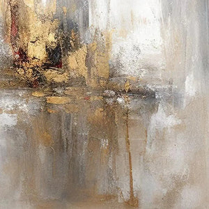 Willow Davies Golden Abstract painting: gold, grey, and white textured artwork. Vertical wall art for modern decor.