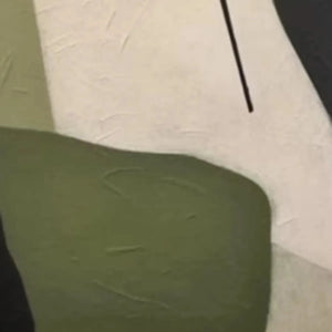 Minimalist green abstract painting with organic olive green, cream shapes and vertical black line accent.