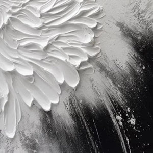 Close up of White Textured Bloom impasto painting, showing thick 3D petals on black textured background, product detail shot.