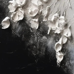 Isabella Rossi White Floral Impasto: 3D white blooms on textured black and grey background.