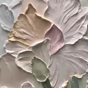 Textured impasto floral painting close-up: 3D petals in peach, pink, cream, pale green with visible brushstrokes.