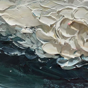 Liam O'Connell's 'Ocean Dream' abstract painting: textured blue, white, and gold ocean waves, perfect for modern home decor.