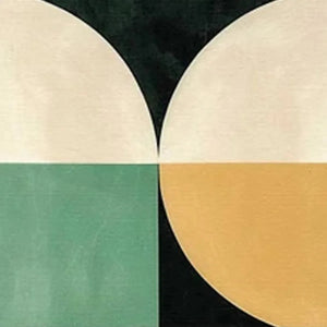 Green geometric abstract painting with cream, mustard, and black shapes. Minimalist wall art.