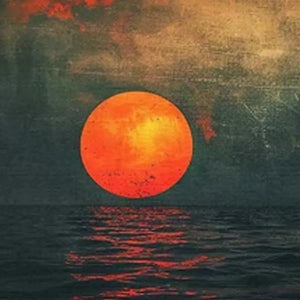 Panoramic painting of a blood moon over a textured ocean at sunset, showcasing dramatic colors and reflection.