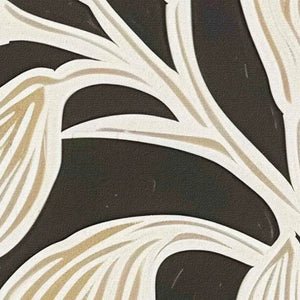 Close-up of Golden Floral Panoramic wall art, featuring cream and gold stylized leaves against a textured black background.