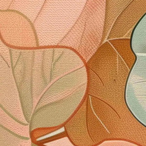 Close-up texture of botanical painting featuring overlapping tropical leaves in peach, tan, sage green and teal.