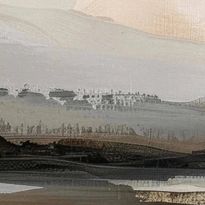Misty Mountain Lake Panoramic artwork close-up showing textured brushstrokes of muted grays and browns.