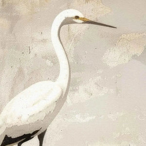 White Heron Panoramic painting, minimalist bird art. Elegant white heron on textured cream and grey background.