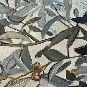 Close-up of Liam O'Connell's oil painting featuring muted green olive leaves and branches on textured off-white canvas.