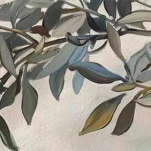 Close-up of Liam O'Connell's olive branch painting, muted green leaves, textured background.