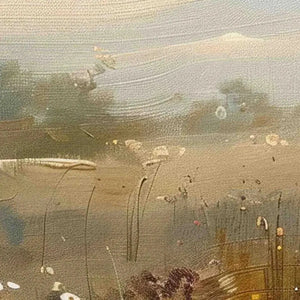 Close-up texture detail of Liam O'Connell's Meadow Valley panoramic painting, showcasing brushstrokes and wildflowers.