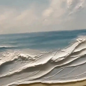 Close-up of Liam O'Connell's "Ocean Waves Panoramic" painting, showcasing thick impasto texture on crashing waves.