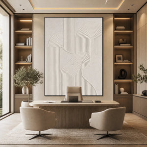 Textured white Wabi Sabi abstract wall art above a modern office desk