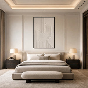 Textured Wabi Sabi minimalist abstract wall art above beige bed in modern bedroom