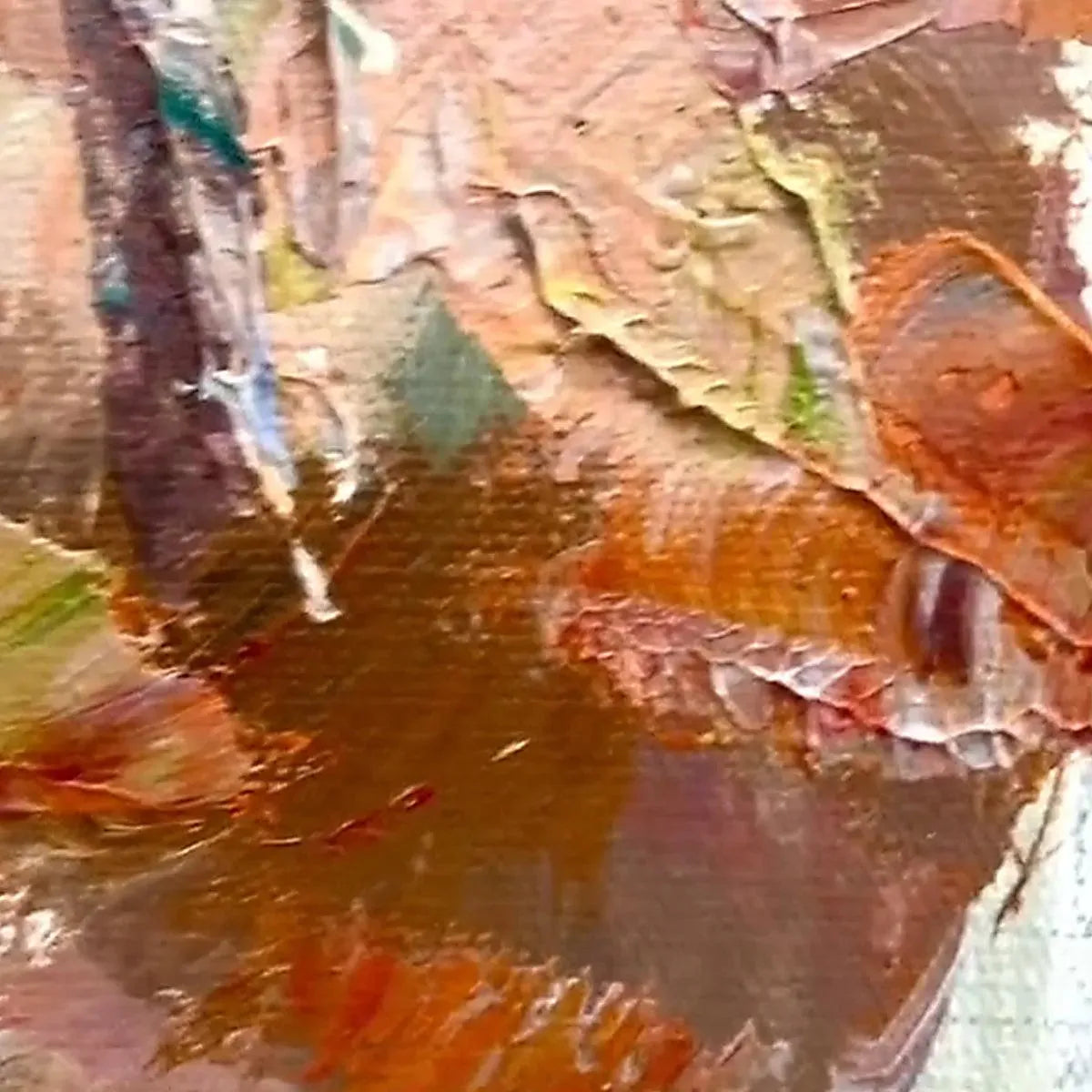 Close-up impasto texture of Autumn Whispers forest painting; thick brushstrokes in warm orange, brown, green.