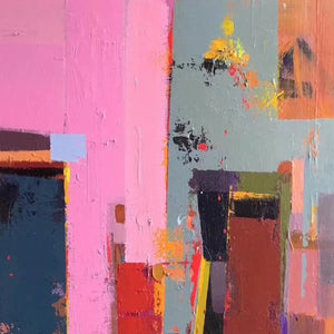 Pink City Abstract painting by Willow Davies, featuring vibrant pink, teal, and red tones, perfect for modern wall art.