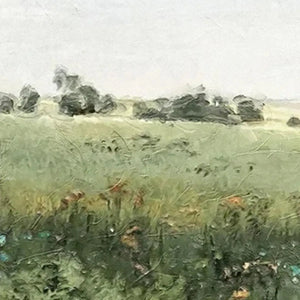 Liam O'Connell minimalist green field triptych painting, muted tones, textured rolling hills, artistic detail