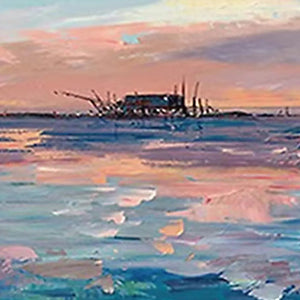 Dusk Reflections painting detail: textured brushwork, pastel sunset colors on water, shipwreck silhouette.