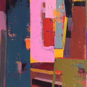 Pink City Abstract painting by Willow Davies, vibrant abstract art with pink, teal and red hues, framed.