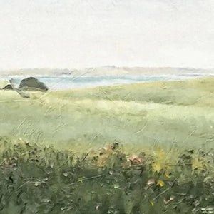 Liam O'Connell's "Green Field Triptych" painting, texture detail of muted green rolling hills and pale sky.