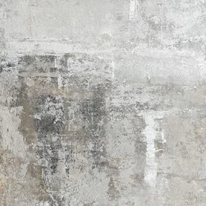 Javier Ramirez Grey Abstract Textured Painting, vertical wall art with layered grey tones, minimalist decor.