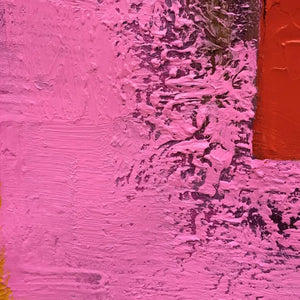 Close-up of Pink and Green Urban Abstract artwork, highlighting impasto texture with vibrant pink and red color layers.