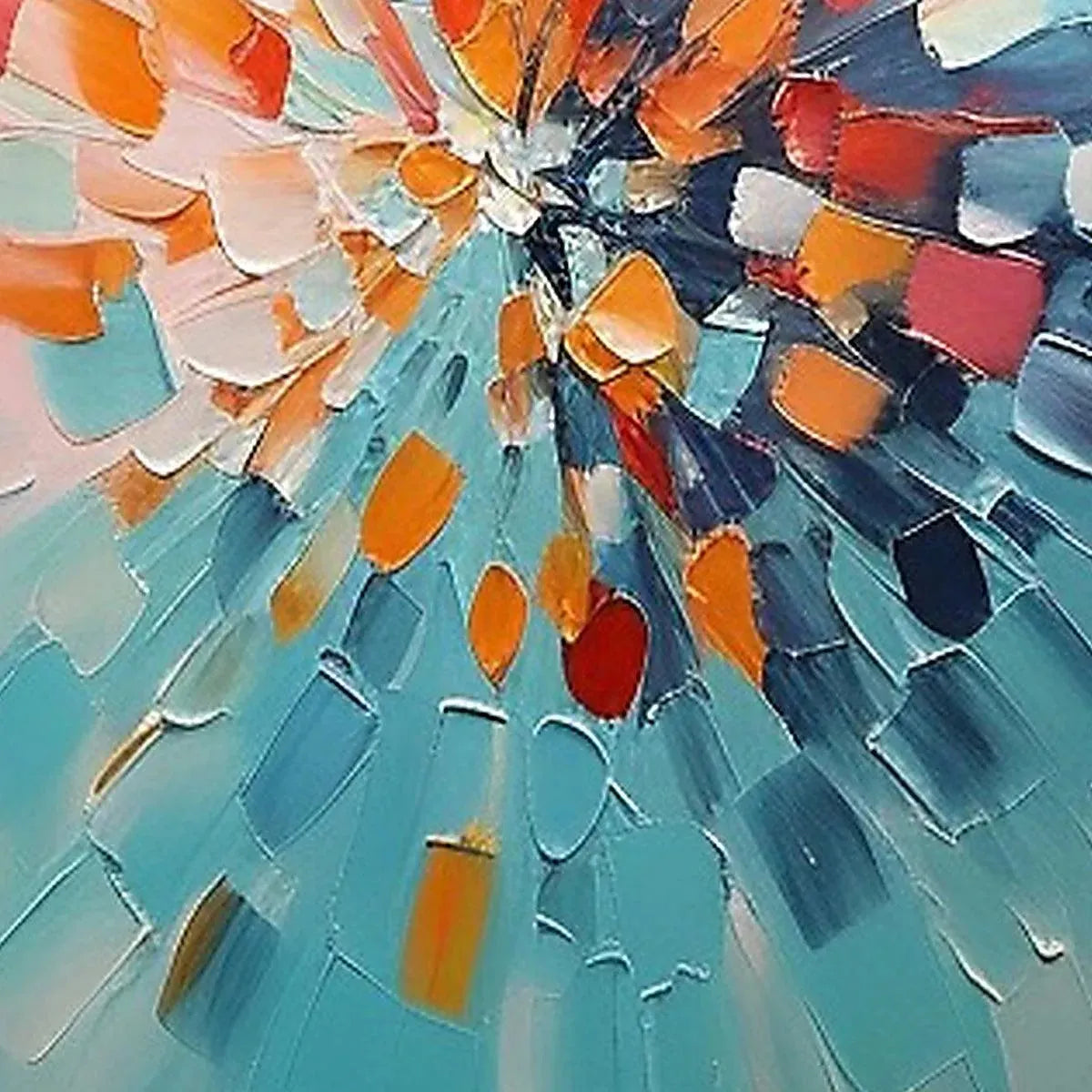 Textured impasto abstract art detail: vibrant orange, red, blue strokes creating a dynamic burst on a teal canvas.