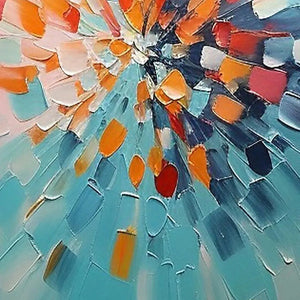 Textured impasto abstract art detail: vibrant orange, red, blue strokes creating a dynamic burst on a teal canvas.
