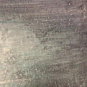 Close-up: 'Serene Horizon' painting by Liam O'Connell, textured canvas with muted gray and blue tones, horizontal strokes.