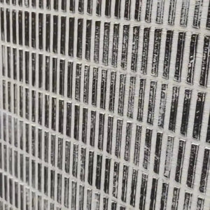 Minimalist textured grey and white painting with woven grid pattern close-up.