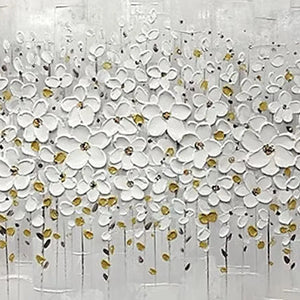 WHITE BLOSSOM FIELD textured painting detailed with raised white floral elements and shimmering gold accents.