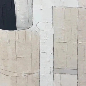 Javier Ramirez abstract painting: textured impasto beige, black, off-white geometric shapes.