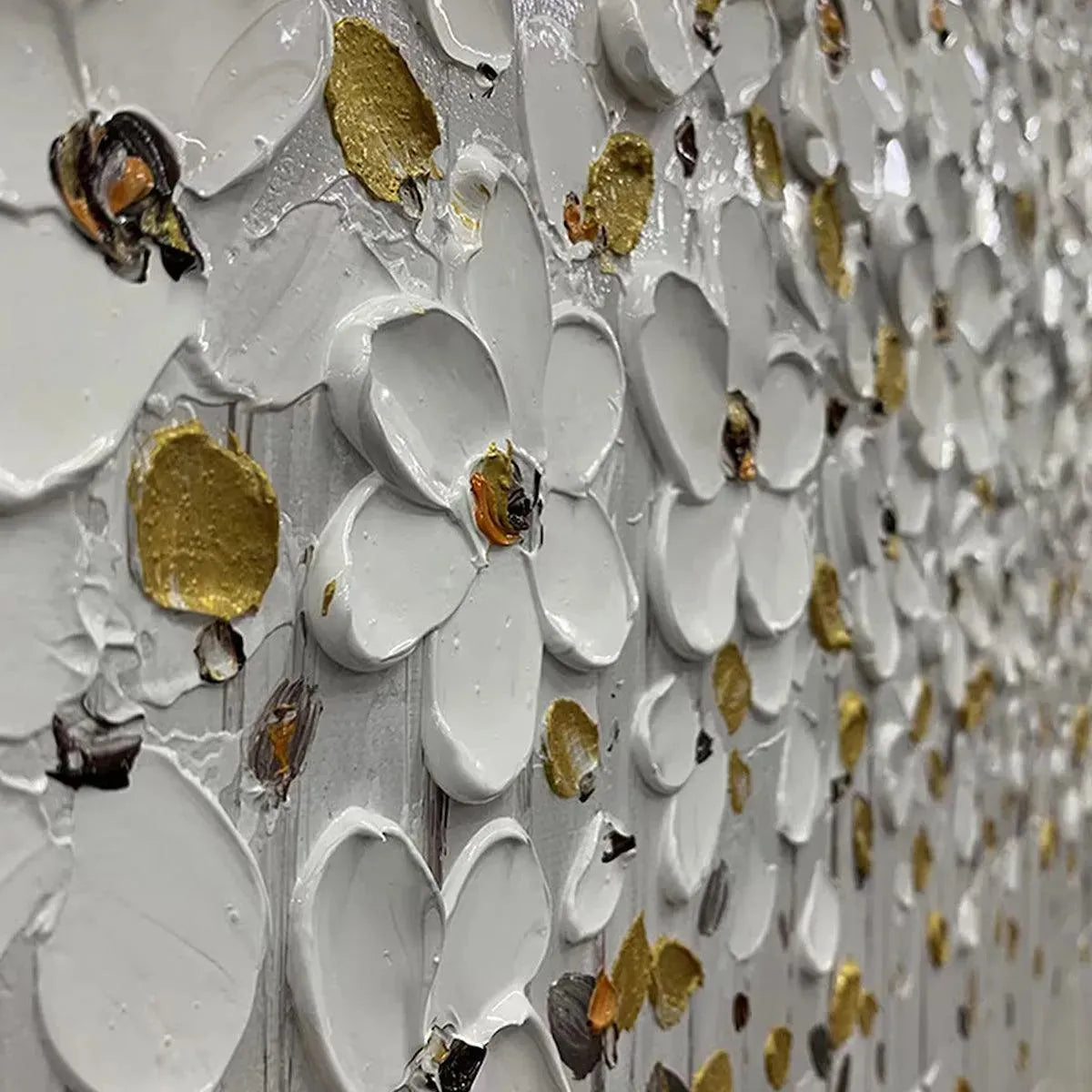 Close-up of WHITE BLOSSOM FIELD textured painting with unique raised white floral impasto and metallic gold accents.