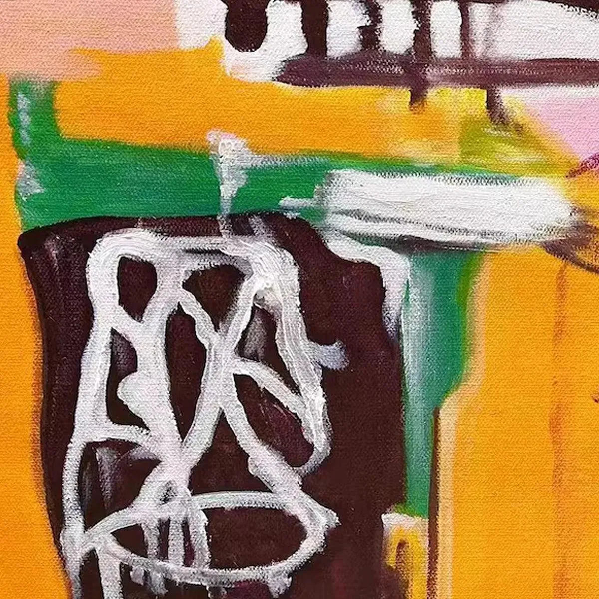 Pink Expression abstract expressionist painting with vibrant pink, yellow, green color blocks and white gestural strokes.